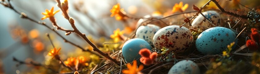easter eggs are lying next to colorful flower and grasses
