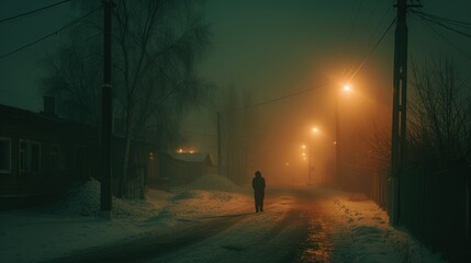 a person walking down a street at night in a foggy area with street lights and houses on either side of the street.