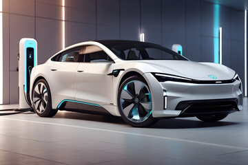 Future generic electric EV automobile vehicle parked at charging station unit charger to recharge long-range batterie for autonomy and supercharging high-speed network infrastructure services designed