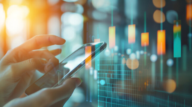 Trading. business man investor using mobile smart phone with graph chart stock market diagram background, stock market, business strategy, investment, digital technology, trading statistics concept