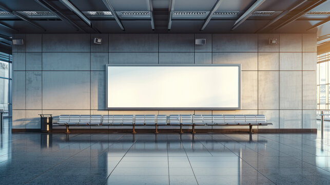 wide mock up of vertical blank advertising billboard or light box showcase at airport, copy space for your text message or media content, advertisement, commercial and marketing concept