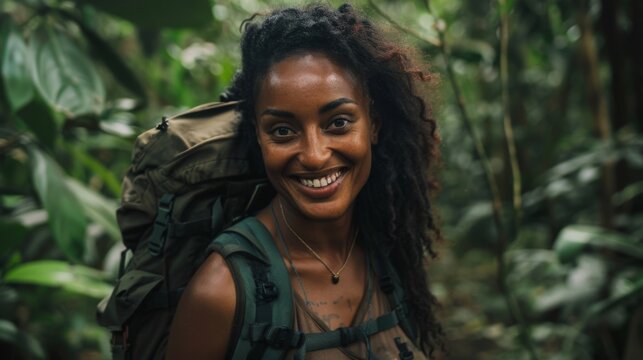 black woman adventurer smiling in the middle of a jungle, half body, cinematic, jungle, travel, nature, adventure