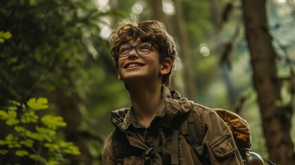 Obraz premium boy adventurer smiling in the middle of a forest, half body, cinematic, nature, travel, adventure