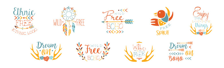 Boho Ethnic Logo and Trendy Hipster Sticker Vector Set
