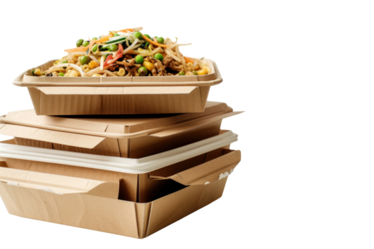 Stacked takeaway cardboard food box on transparent white background.