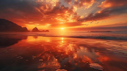Cercles muraux Brun Astonishing Mystic Beach Sunset with Soaring Birds, Tidal Pools Reflecting Orange Sky, Majestic Waves and Immersive Landscape