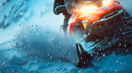close up Drive snowmobile with fun in deep snow - obrazy, fototapety, plakaty