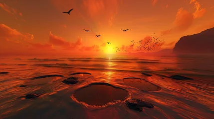 Fotobehang Astonishing Mystic Beach Sunset with Soaring Birds, Tidal Pools Reflecting Orange Sky, Majestic Waves and Immersive Landscape © Michael