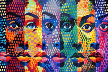abstract portraits of female with different faces from around the world,  polka dot pattern in retro pop art style. International Women's Day - obrazy, fototapety, plakaty