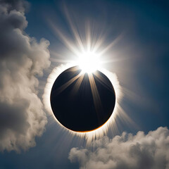 Total eclipse of the sun with light flare and clouds in blue afternoon sky