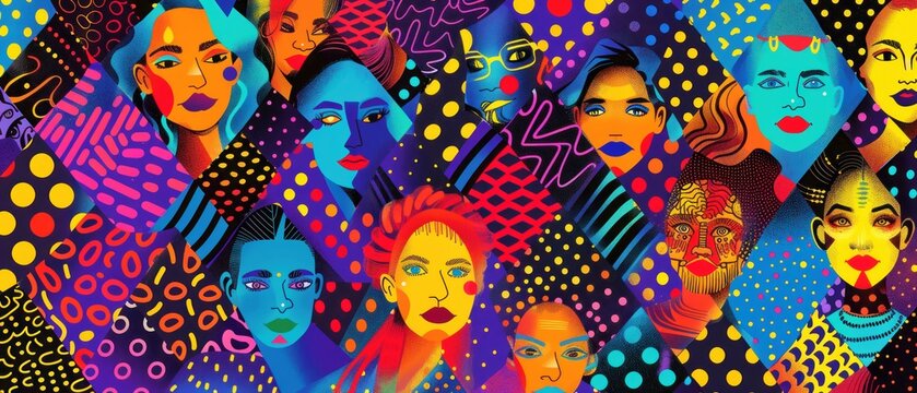 abstract portraits of female with different faces from around the world,  polka dot pattern in retro pop art style. International Women's Day