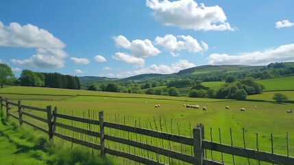 Fototapeta na wymiar Relaxing and Enjoying a Sunny Day at a Picturesque Farm, Beautiful Landscape View of Rolling Hills, Green Fields, Grazing Sheep, Blue Sky and Fluffy Clouds, Rustic Wooden Fence Leading to Distance