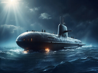 Generic military nuclear submarine drifting in the middle of the ocean while firing an undersea torpedo missile, large banner with copy space area design.