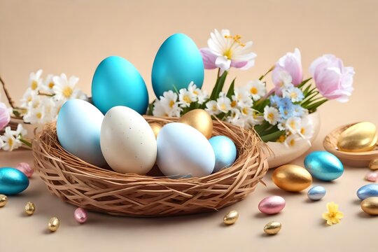 Happy Easter concept. White and blue eggs and cute nest with candies
