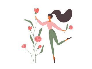 Happy woman collect blooming bouquet. Young female person enjoy flower holding pink floral bud in hand. Beauty wild nature, care garden bloom flowers. Spring day, summer time, life vector illustration