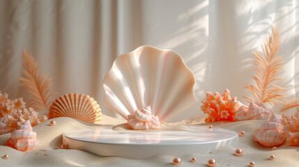 empty white podium product presentation on summer beach background with pearls, orange coral and shells represent minimal and luxury
