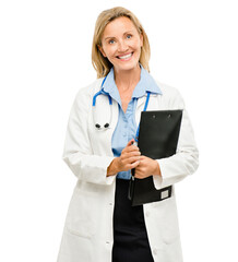 Woman, smile and portrait of doctor with clipboard for medical information, research or documents....