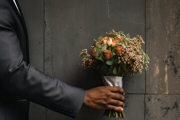 Black man hand holds a bouquet of spring flowers against a wall on March 8