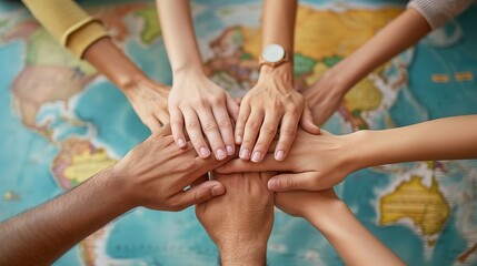 A powerful image of multiple hands of diverse skin tones coming together on top of a world map, depicting international cooperation and unity.
