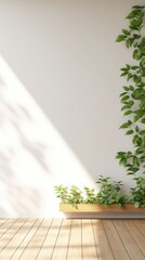 Minimalistic light background with blurred foliage shadow on a light wall. background with green branch or plant