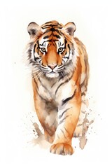 Obraz premium watercolor tiger drawing with paints. art illustration of a wild animal on a white background. drops and splashes.