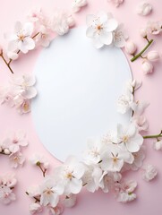 Fototapeta na wymiar round, circle frame made of real natural flowers, on a pink background, texture. Spring, summer and valentines
