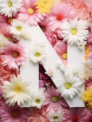Letter N made of real natural flowers and leaves, on a pink background. Spring, summer and valentines creative idea.