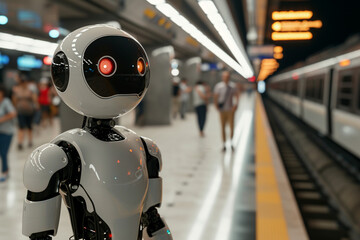 robot in the subway, on the station, blurred background. Artificial intelect in future life. AI Generated	