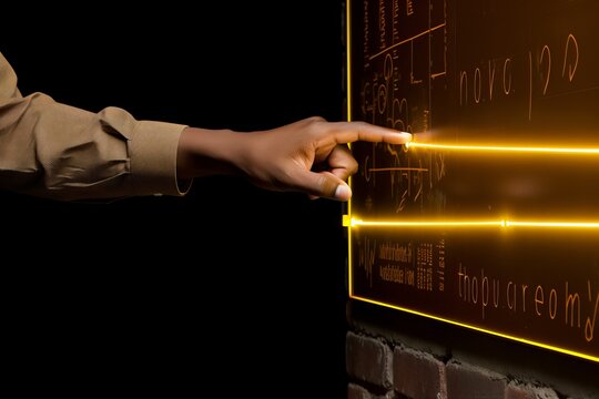 First contact, with hand touching spinning vortex of light particles, neuronal network concept