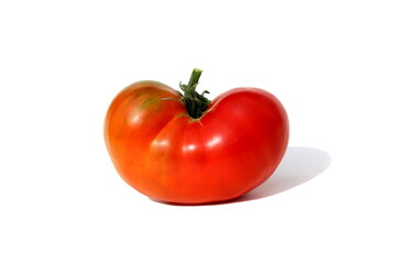 A ragged red tomato lies on a white background.