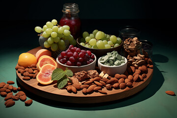 Artistic Arrangement of Fresh Fruits and Nuts on a Wooden Platter