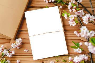 white blank greeting card mockup, Mother's Day greeting card mockup on table. Isolated on white background or transparent background