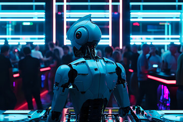 robot in the night club, dj, singer, blurred background. Artificial intelect in future life. AI Generated