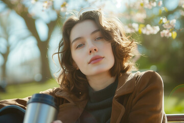Young woman enjoying a spring day in the park, sitting on a bench with a thermos of tea