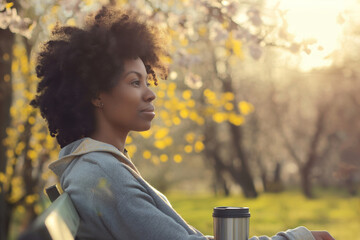 Young meditative Afro-American woman enjoying a spring day in the park, sitting on a bench with a thermos of tea