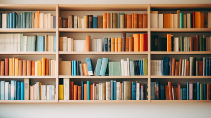 Shelves on the wall with lots of colorful books on them.