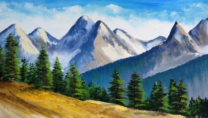 Obraz premium Painting of mountain peaks with pine forest. Natural landscape.