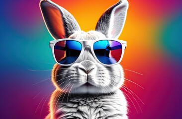 Cool bunny with sunglasses on colorful background.