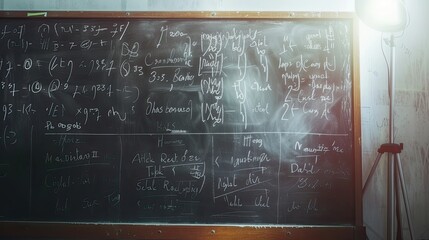 front view, a lot of mathematical equations on the blackboard, soft light