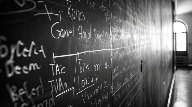 front view, a lot of mathematical equations on the blackboard, soft light