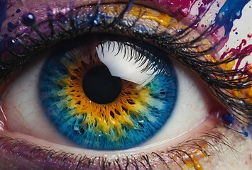Human eye close up with colorful paint. Created with Generative AI technology