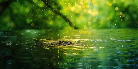 Soft patter of rain on a vivid soft green glass, blending tranquility with the vibrancy of color. - obrazy, fototapety, plakaty