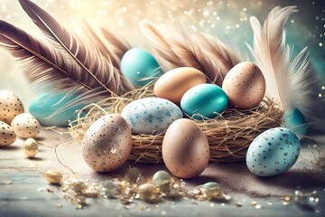 Fototapeta na wymiar Holiday bliss Enchanting Easter scene with eggs, feathers, and glitter
