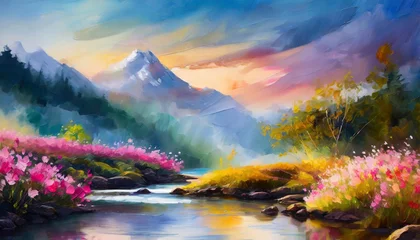 Foto op Plexiglas Painting of mountain peak, river and blooming flowers. Natural landscape. © hardvicore