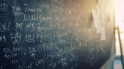 front view, a lot of mathematical equations on the blackboard, soft light - obrazy, fototapety, plakaty