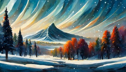 Oil painting of winter landscape with mountain and trees. Natural snowy scenery.
