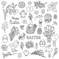 Set of vector elements on Easter theme. Contour drawing on a white background. - obrazy, fototapety, plakaty