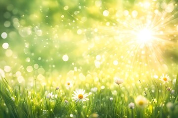 Obraz na płótnie Canvas Soft defocused spring background with a sunburst and bokeh over lush green grass