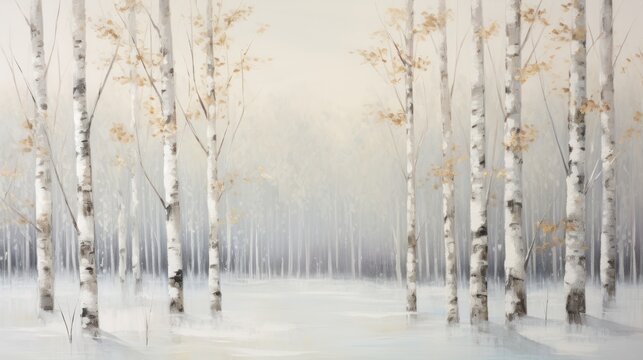 a painting of a winter scene with trees and snow on the ground.