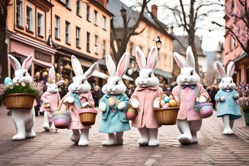 enchanting Easter bunny parade in a charming pastel-colored town square, with bunnies dressed in festive attire and carrying Easter baskets